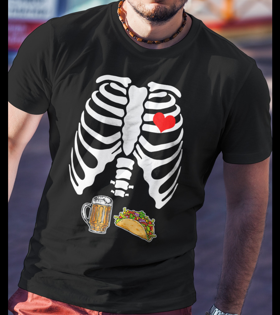 Pregnant Skeleton With Heart, Tacos, And Beer T-Shirt