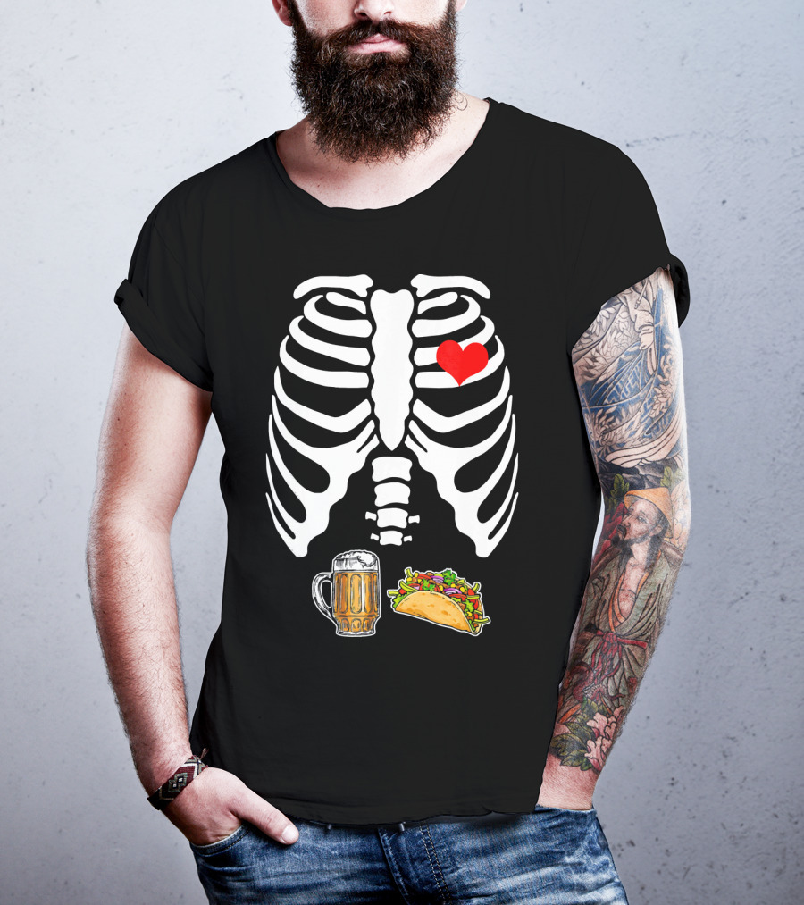 Pregnant Skeleton With Heart, Tacos, And Beer T-Shirt