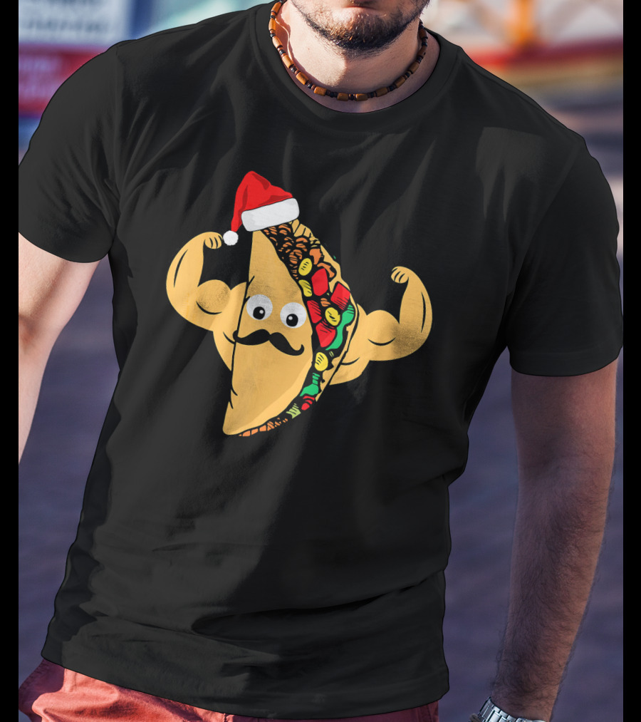 Funny Taco With Santa Hat And Mustache Flexing Muscles Family T-Shirt