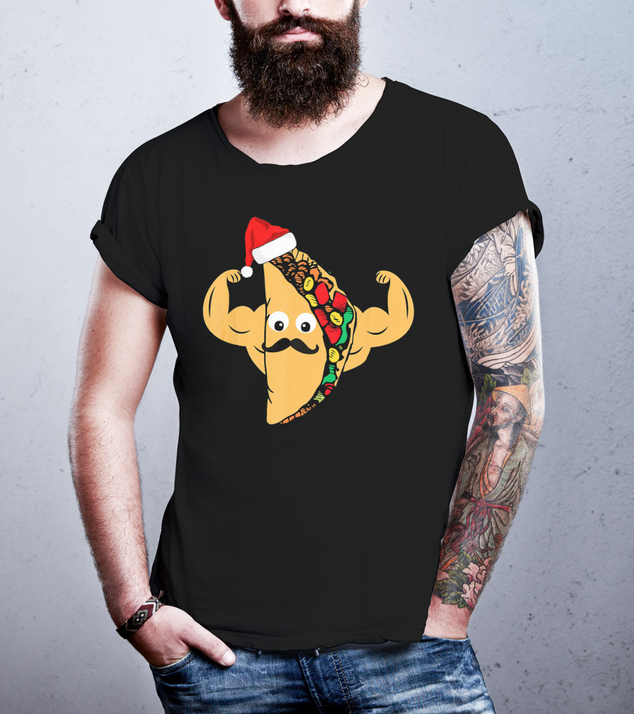 Funny Taco With Santa Hat And Mustache Flexing Muscles Family T-Shirt