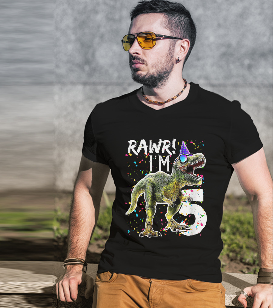 Rawr I'm 5 Dinosaur Birthday Party Hat Confetti T-Shirt