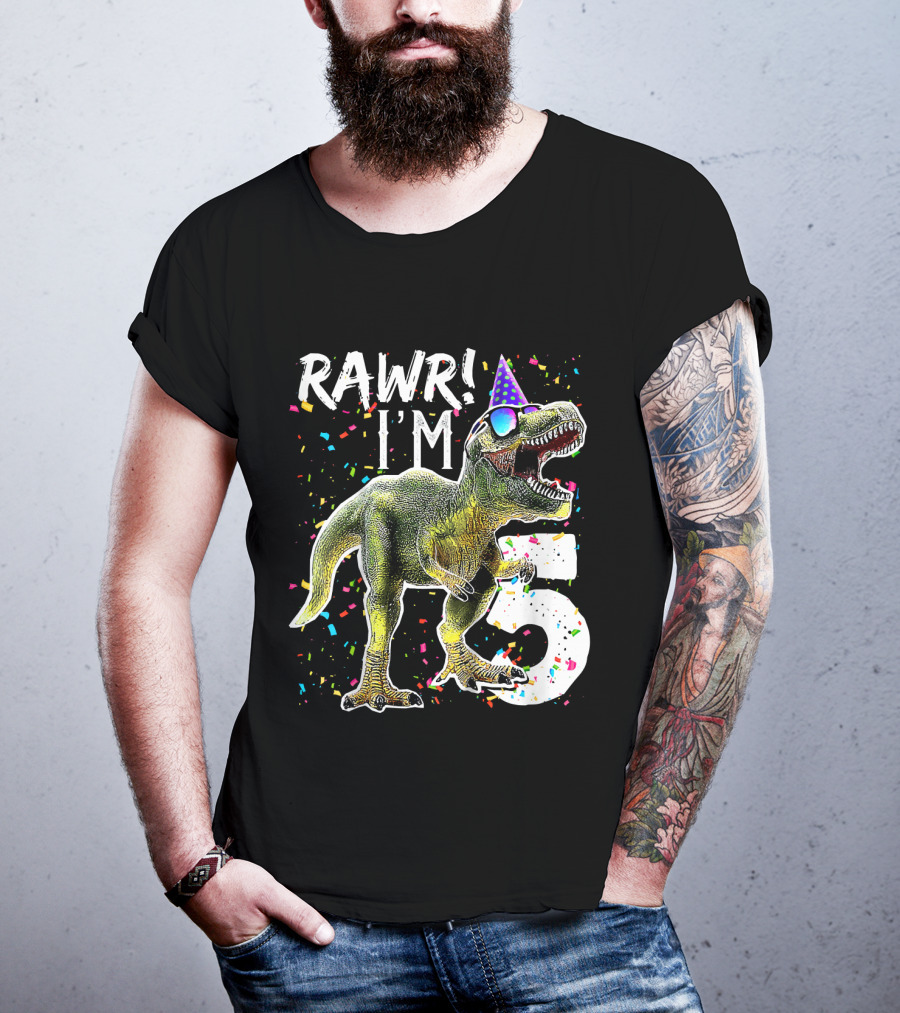 Rawr I'm 5 Dinosaur Birthday Party Hat Confetti T-Shirt