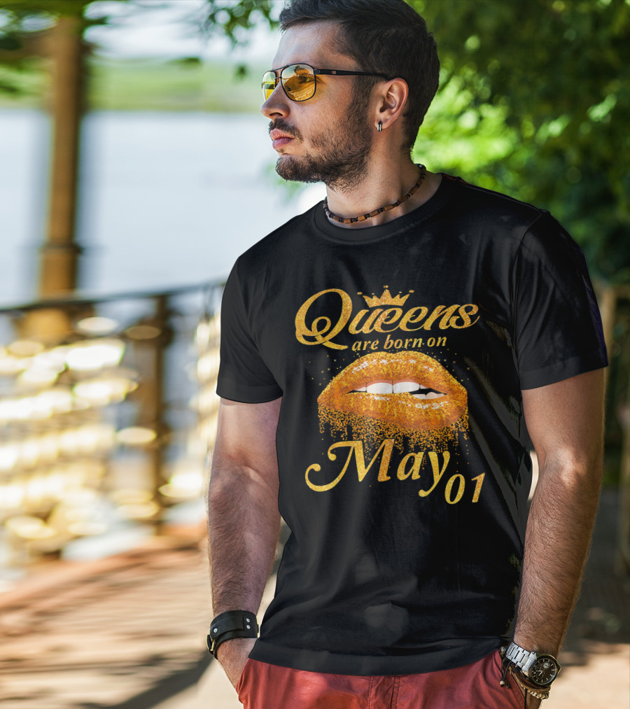 Queens Are Born On May 01 Gold Lips Crown Sparkle T-Shirt