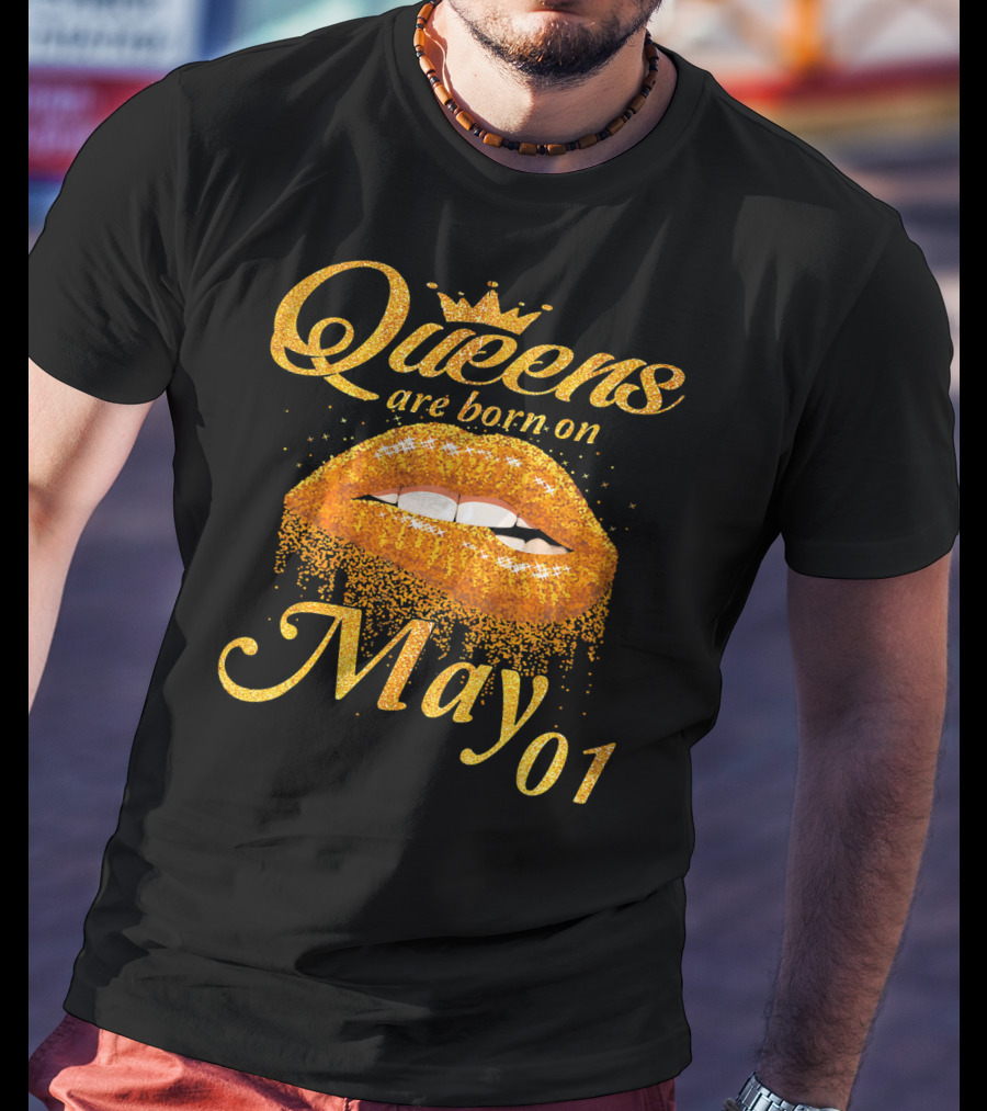 Queens Are Born On May 01 Gold Lips Crown Sparkle T-Shirt