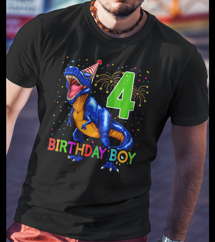 Birthday Boy 4 Dinosaur Party Hat Fireworks T-Shirt
