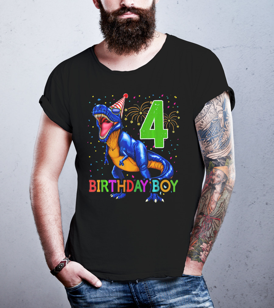Birthday Boy 4 Dinosaur Party Hat Fireworks T-Shirt