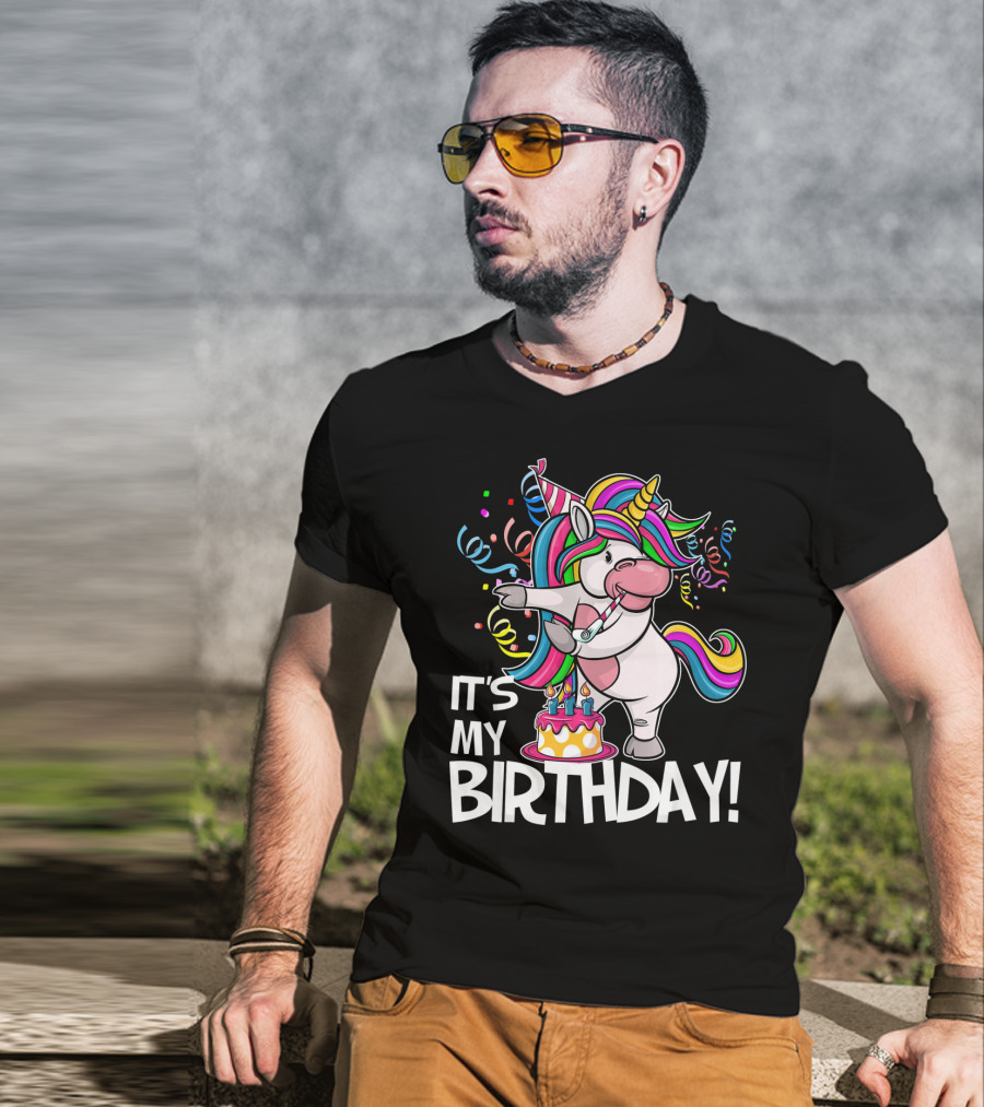 IT'S MY BIRTHDAY Flossing Unicorn Party With Cake And Confetti T-Shirt