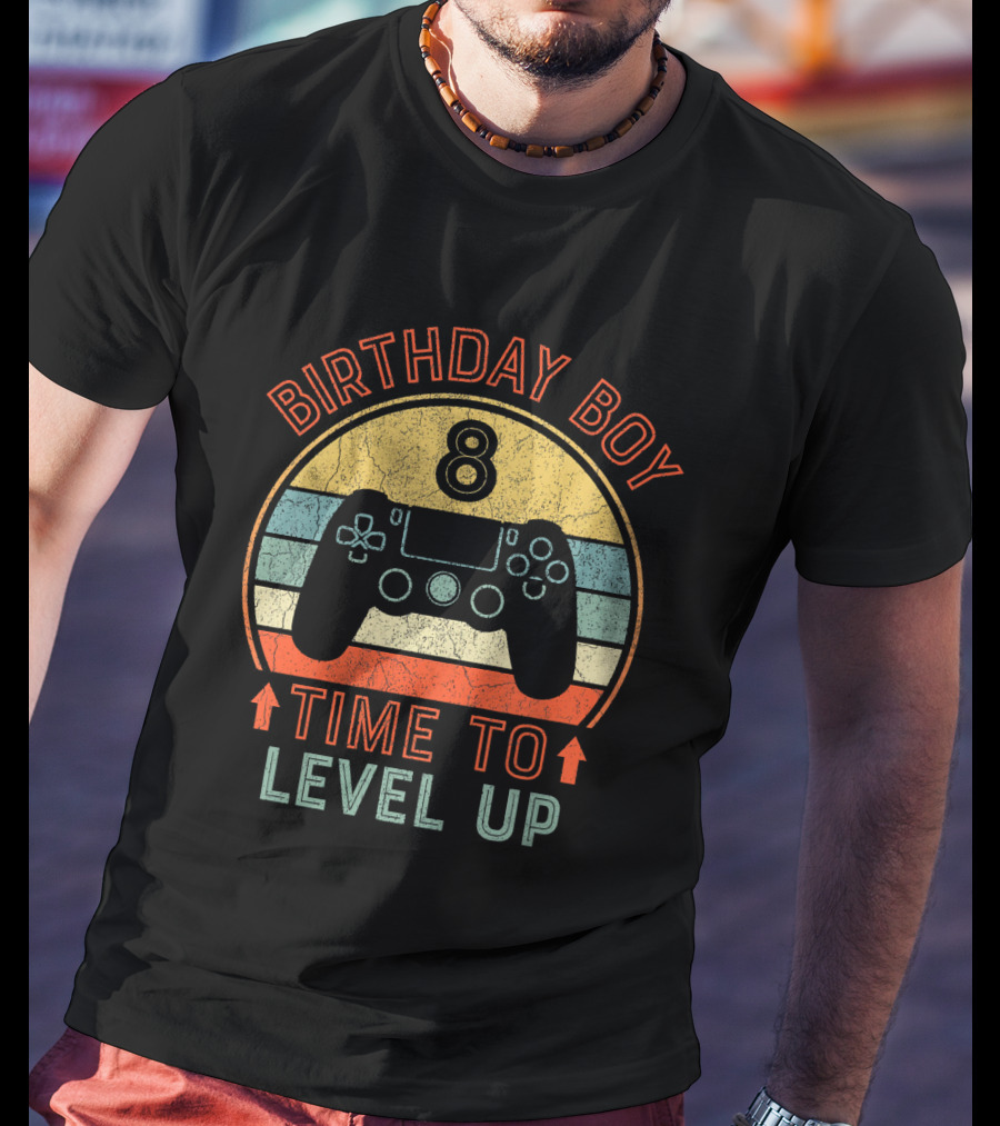 Birthday Boy 8 Time To Level Up Vintage Gaming Controller Retro Stripes T-Shirt