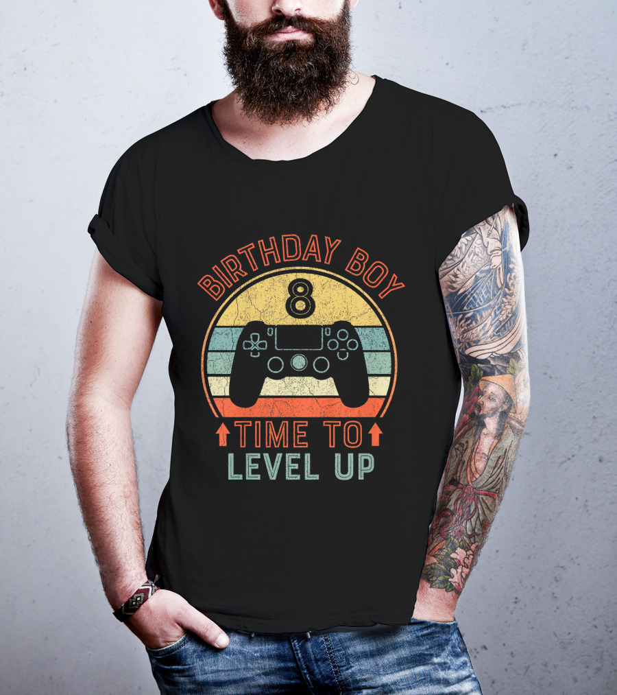 Birthday Boy 8 Time To Level Up Vintage Gaming Controller Retro Stripes T-Shirt