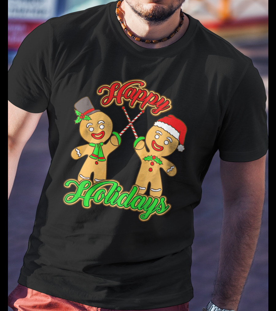 Happy Holidays Gingerbread Men Fencing With Candy Canes T-Shirt