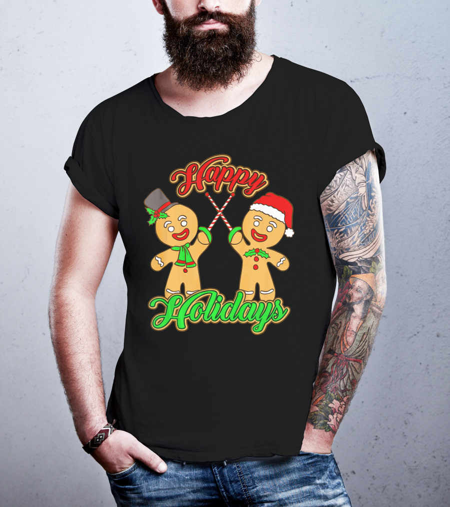 Happy Holidays Gingerbread Men Fencing With Candy Canes T-Shirt