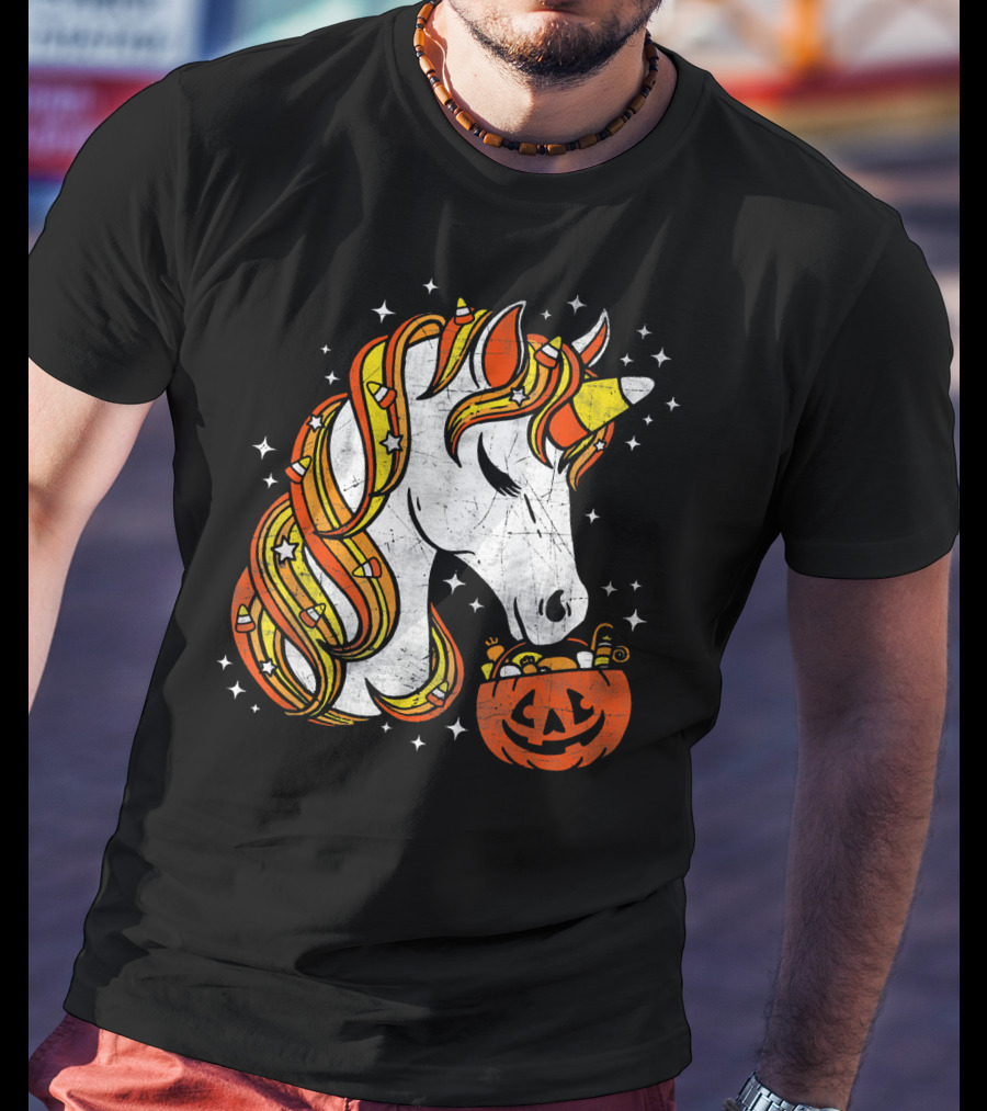 Candy Corn Unicorn With Jack-O'-Lantern Stars Halloween Top T-Shirt