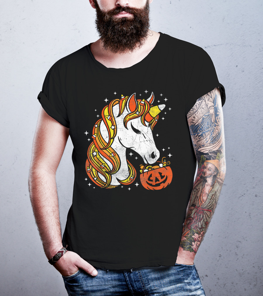 Candy Corn Unicorn With Jack-O'-Lantern Stars Halloween Top T-Shirt