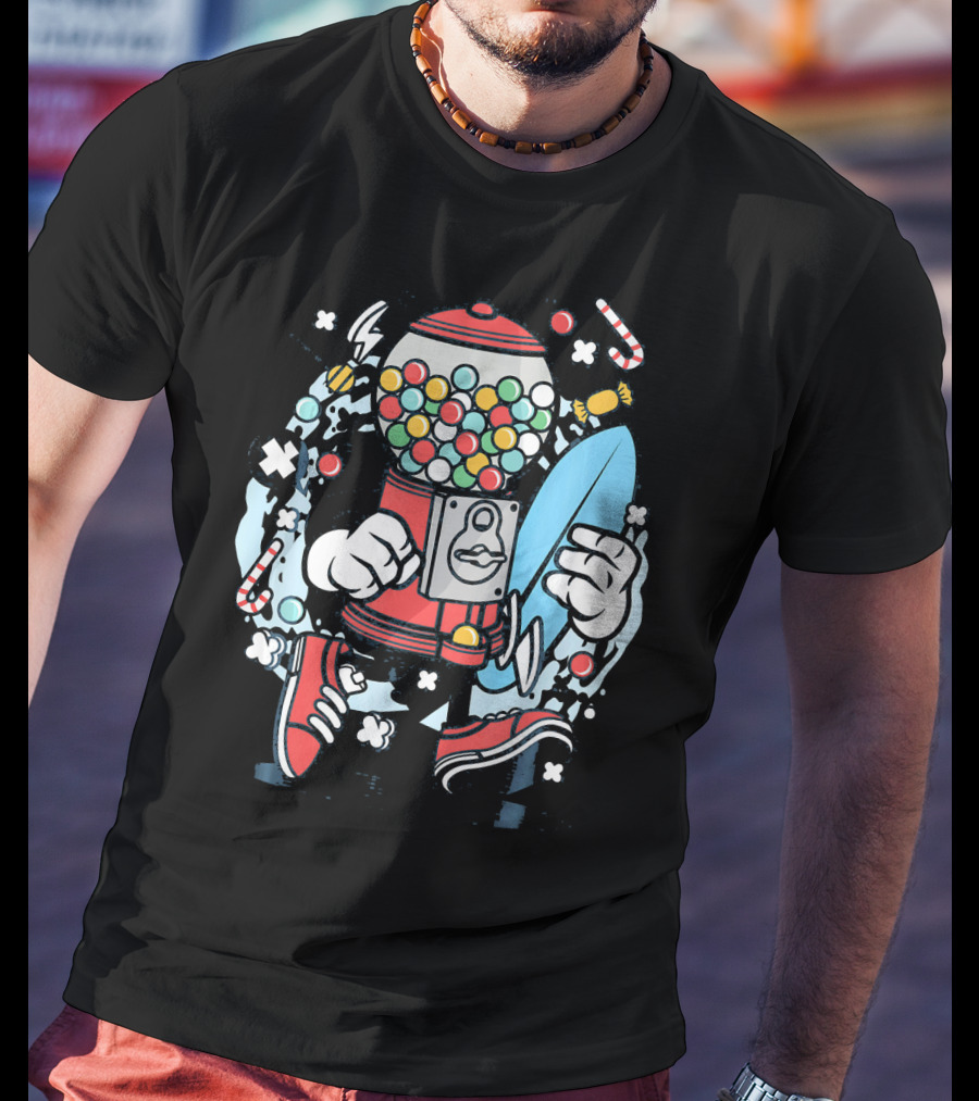 Cartoon Candy Machine With Surfboard And Sneakers Adventure T-Shirt