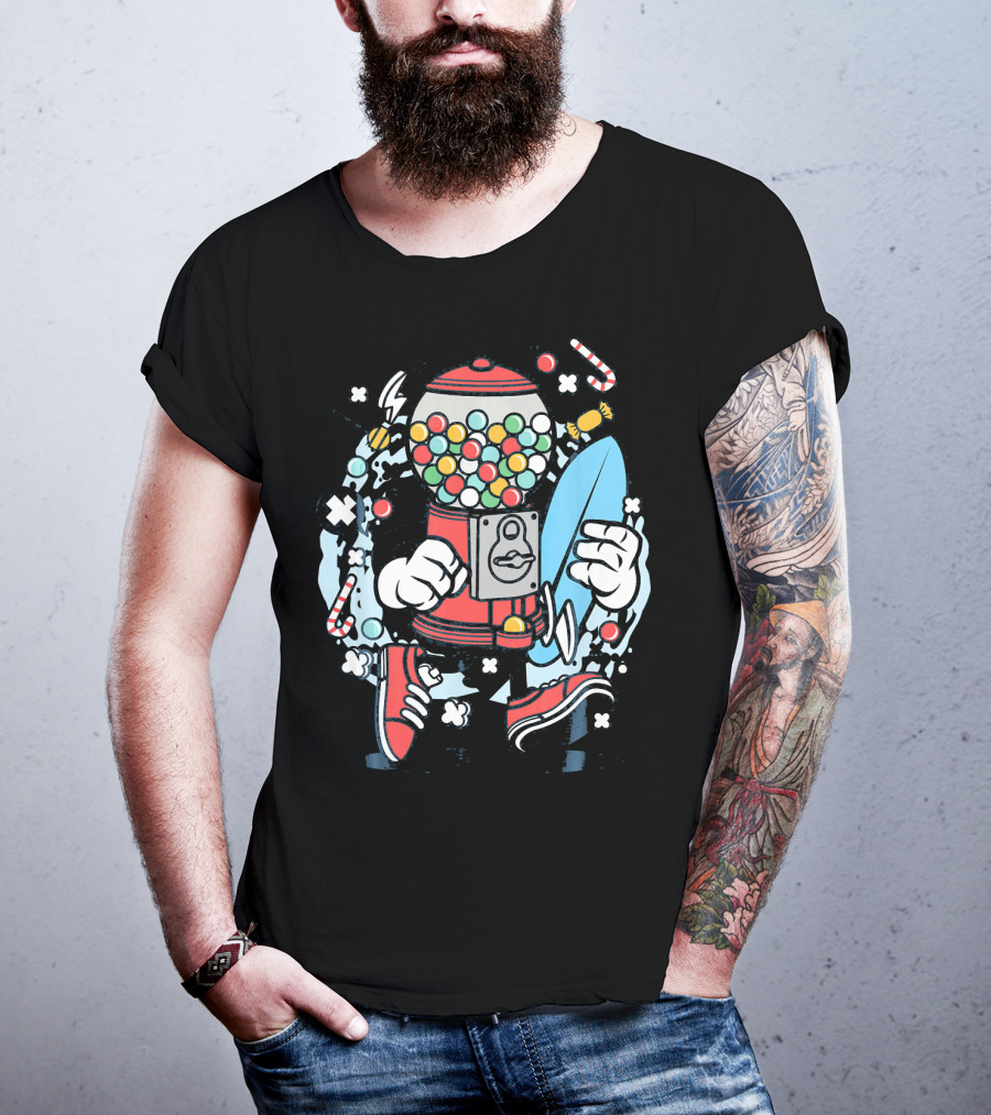 Cartoon Candy Machine With Surfboard And Sneakers Adventure T-Shirt