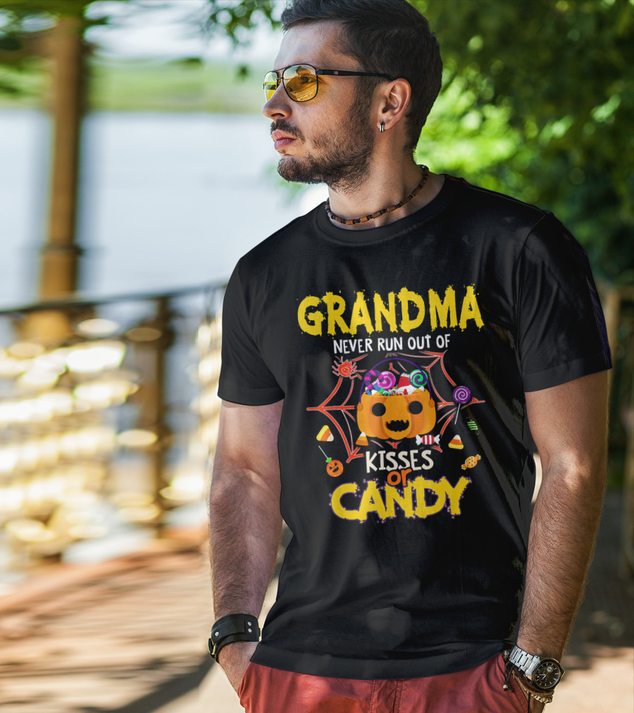Grandma Never Run Out Of Kisses Or Candy Halloween Pumpkin Spiderweb Treats T-Shirt