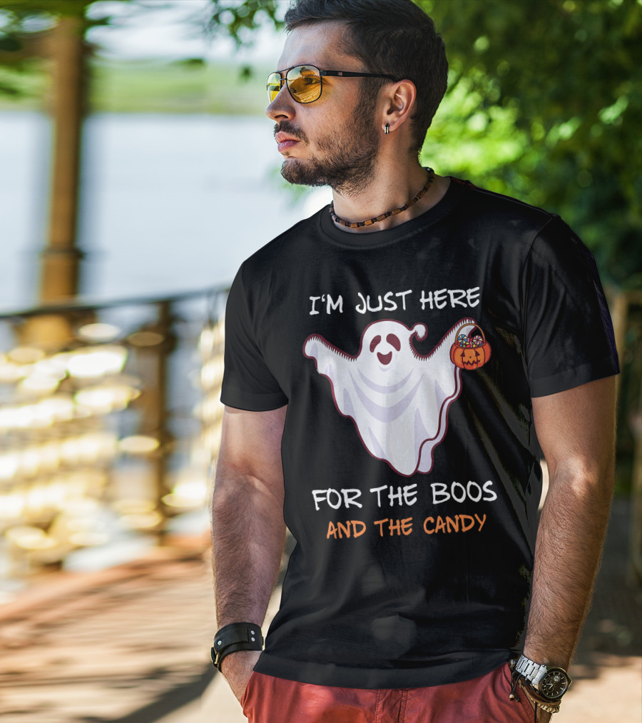 I'm Just Here For The Boos Ghost Holding Pumpkin Candy T-Shirt