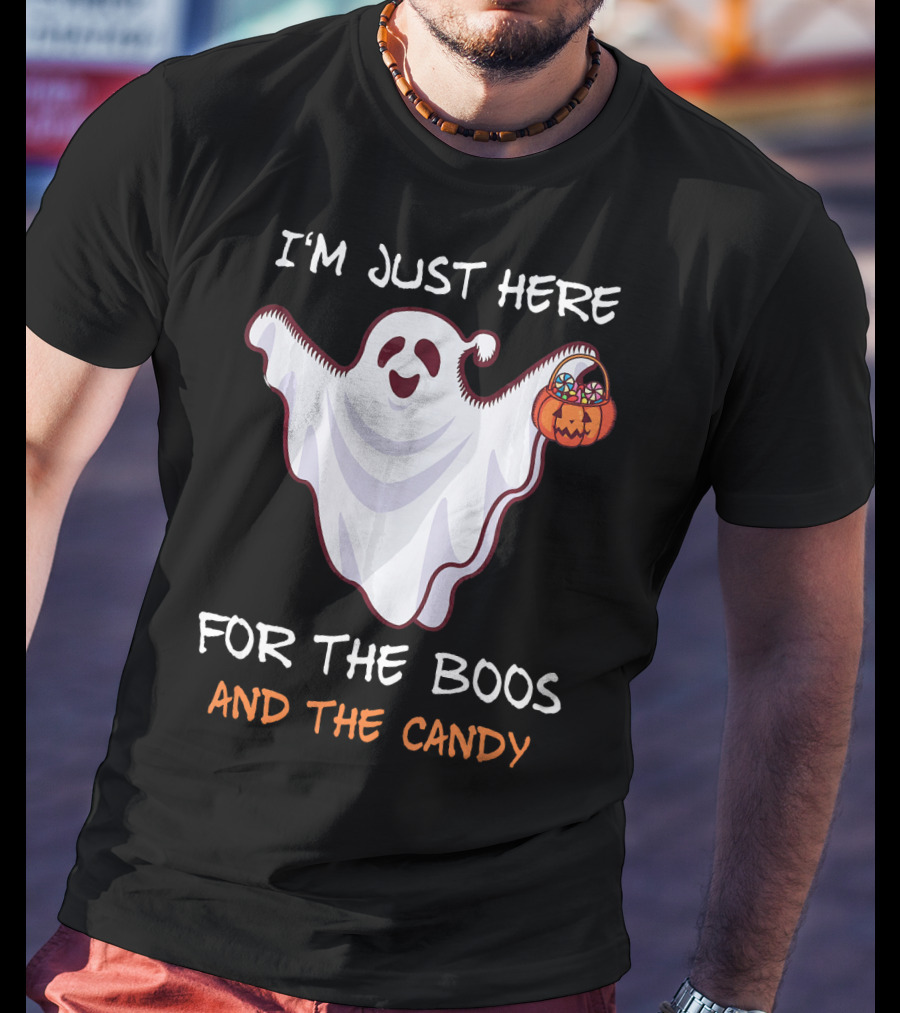 I'm Just Here For The Boos Ghost Holding Pumpkin Candy T-Shirt