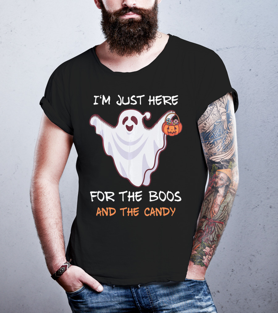 I'm Just Here For The Boos Ghost Holding Pumpkin Candy T-Shirt