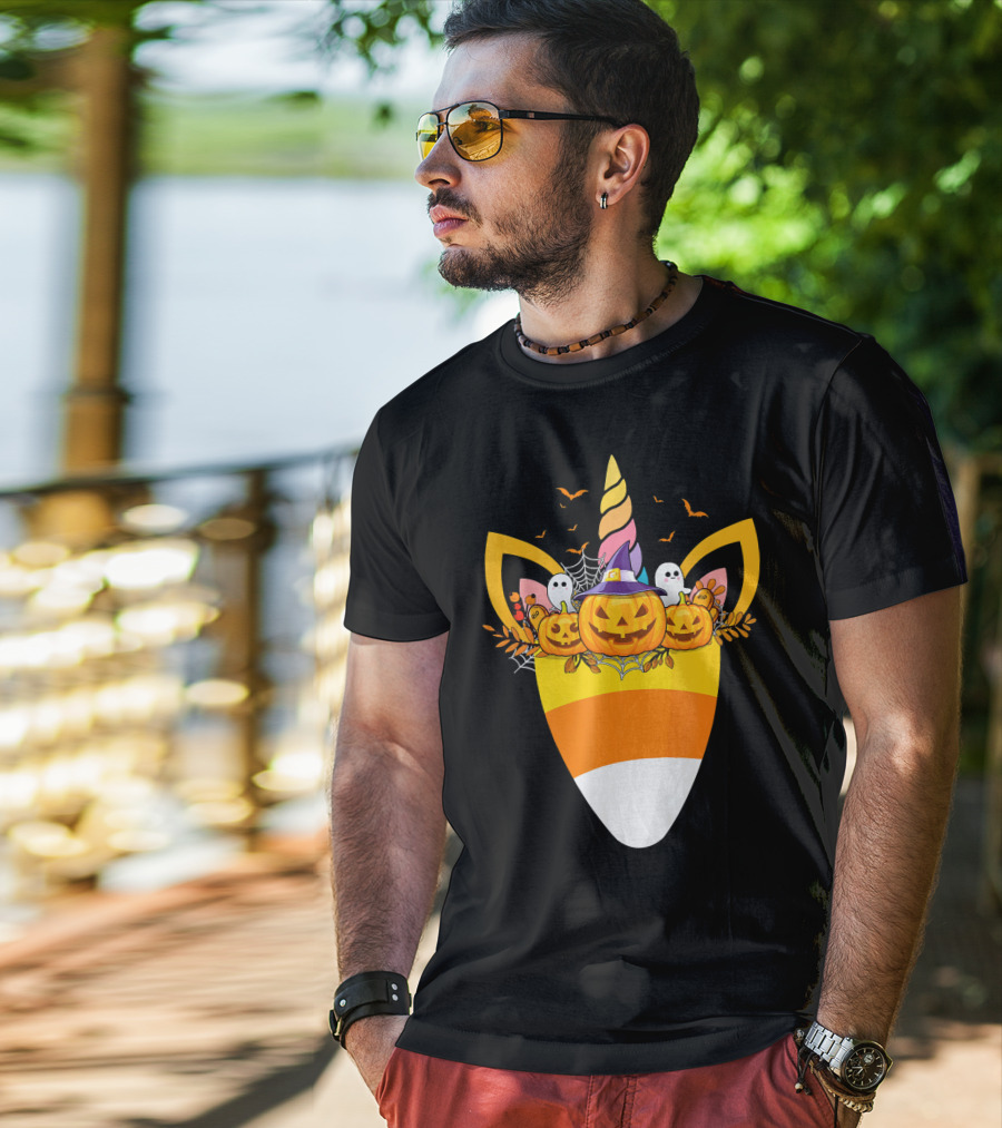 Unicorn Candy Corn Pumpkin Ghost Halloween Boo T-Shirt