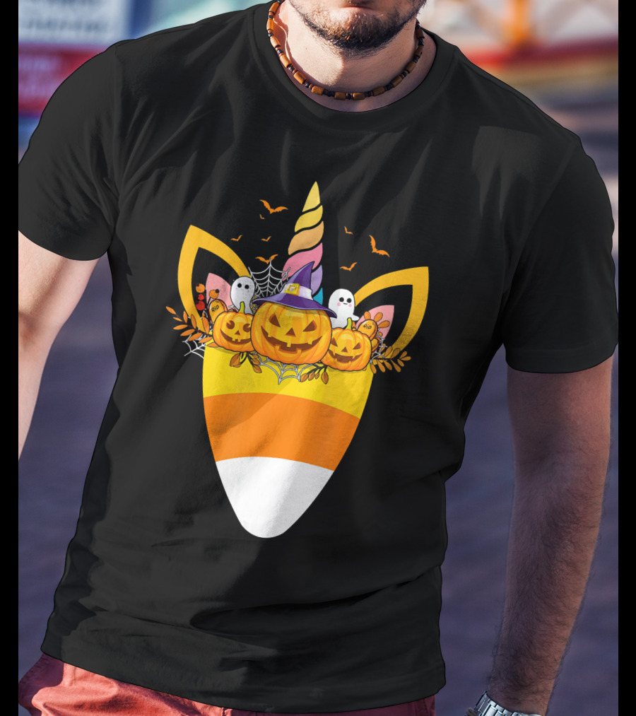 Unicorn Candy Corn Pumpkin Ghost Halloween Boo T-Shirt