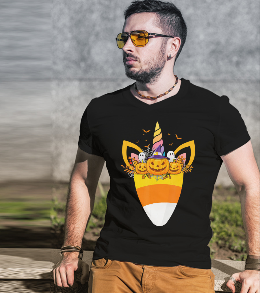 Unicorn Candy Corn Pumpkin Ghost Halloween Boo T-Shirt