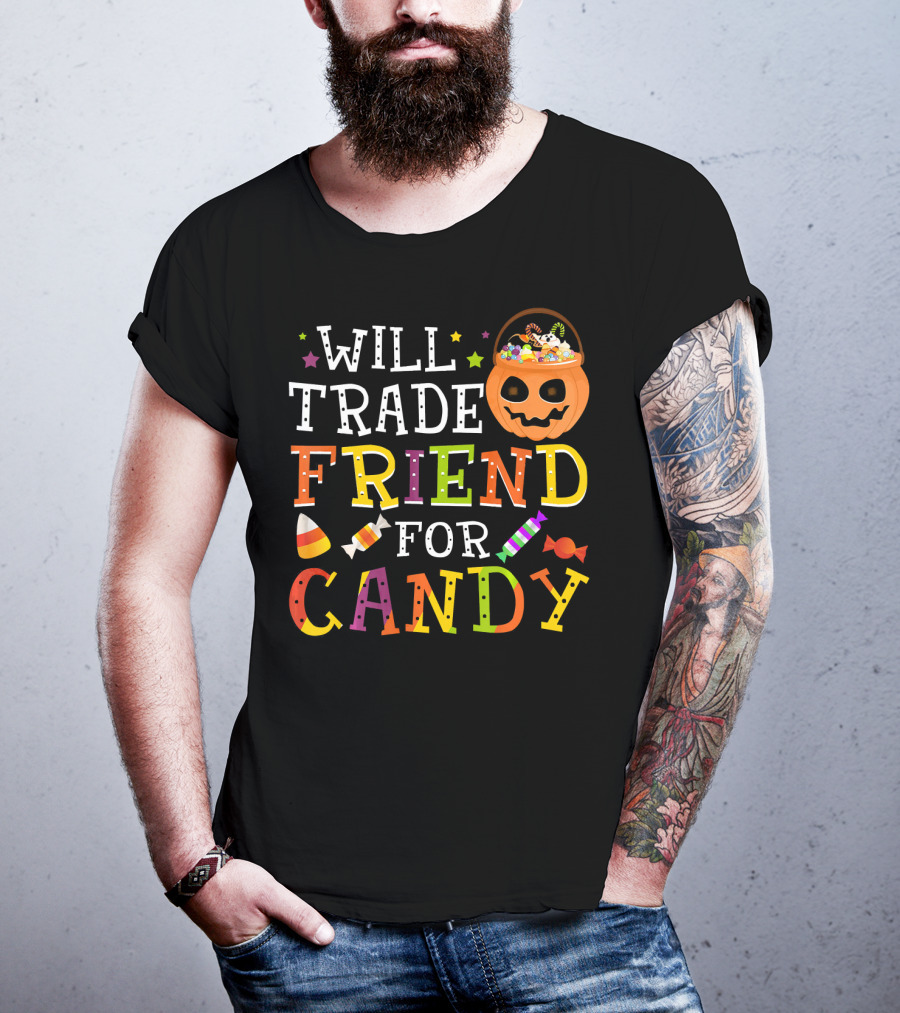 Will Trade Friend For Candy Halloween Co Trick-or-Treat Jack-o'-Lantern And Candy Icon Pumpkin T-Shirt