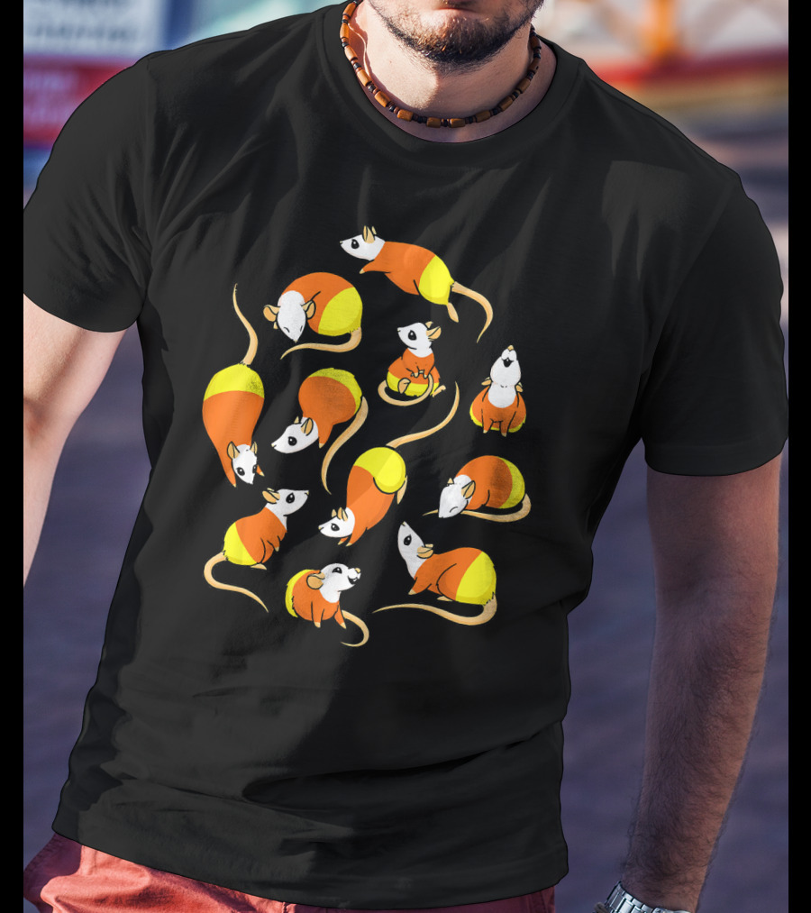 Candy Corn Rats Pattern Halloween-Themed T-Shirt