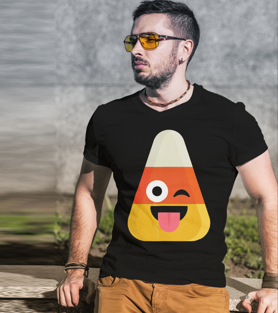 Candy Corn Emoji Wink Tongue Out Face T-Shirt