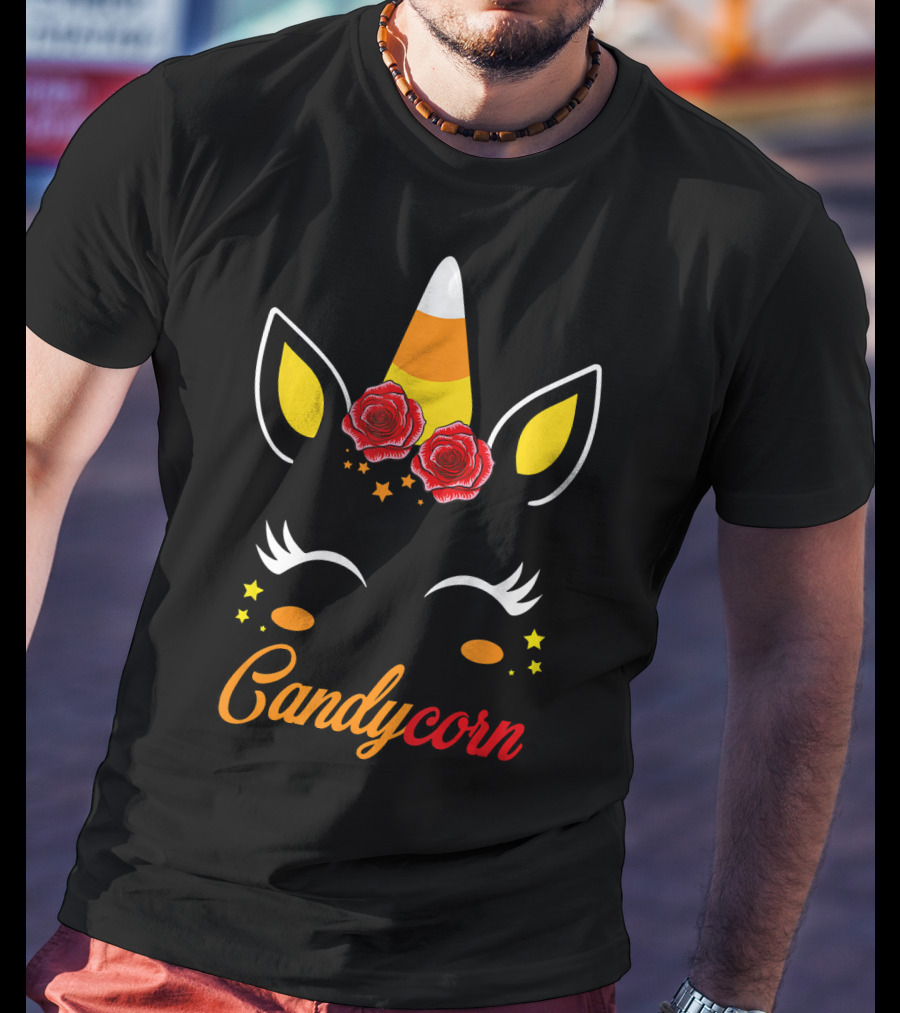 Candycorn Unicorn With Roses And Stars T-Shirt