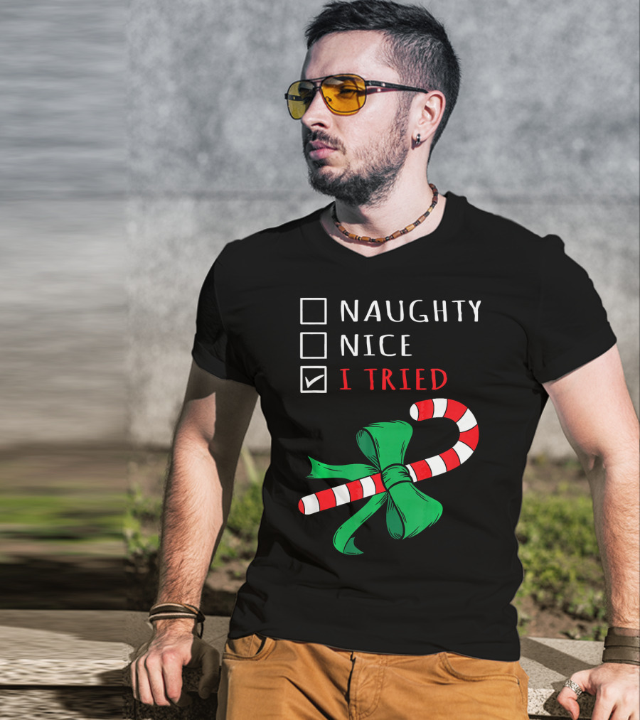 Naughty Nice I Tried Candy Cane Bow T-Shirt