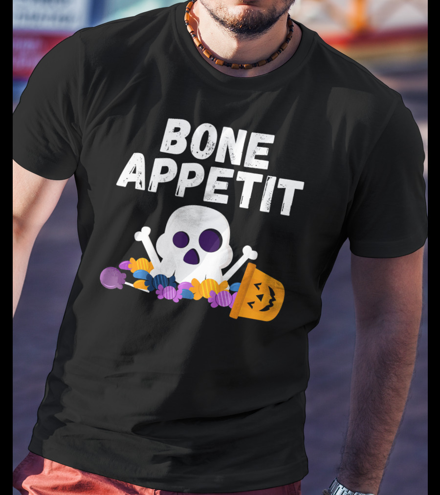 Bone Appetit Funny Skull Halloween Candy Pumpkin Chef Pun T-Shirt