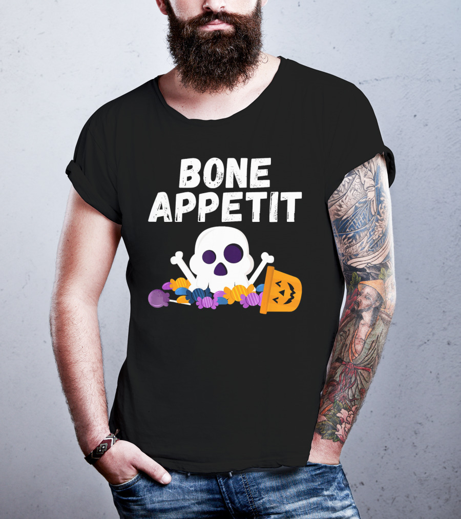 Bone Appetit Funny Skull Halloween Candy Pumpkin Chef Pun T-Shirt