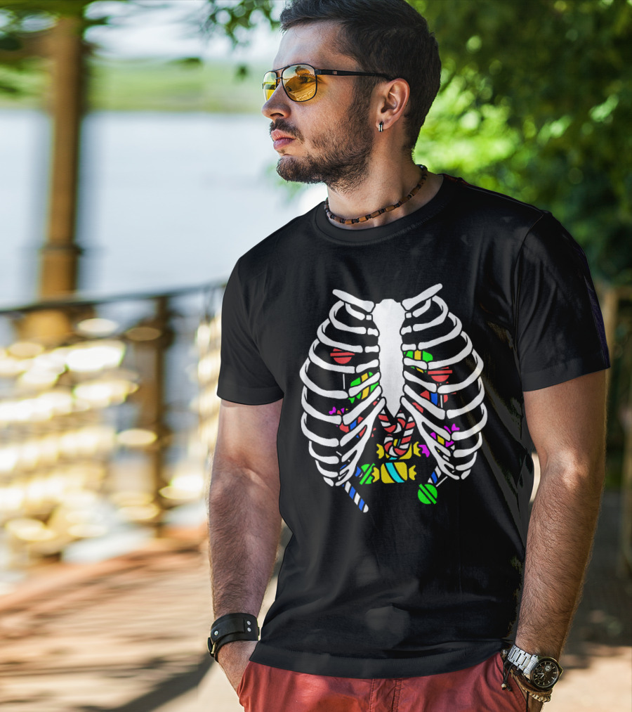 Halloween Ribcage Candy Skeleton Colorful Sweet Treats T-Shirt