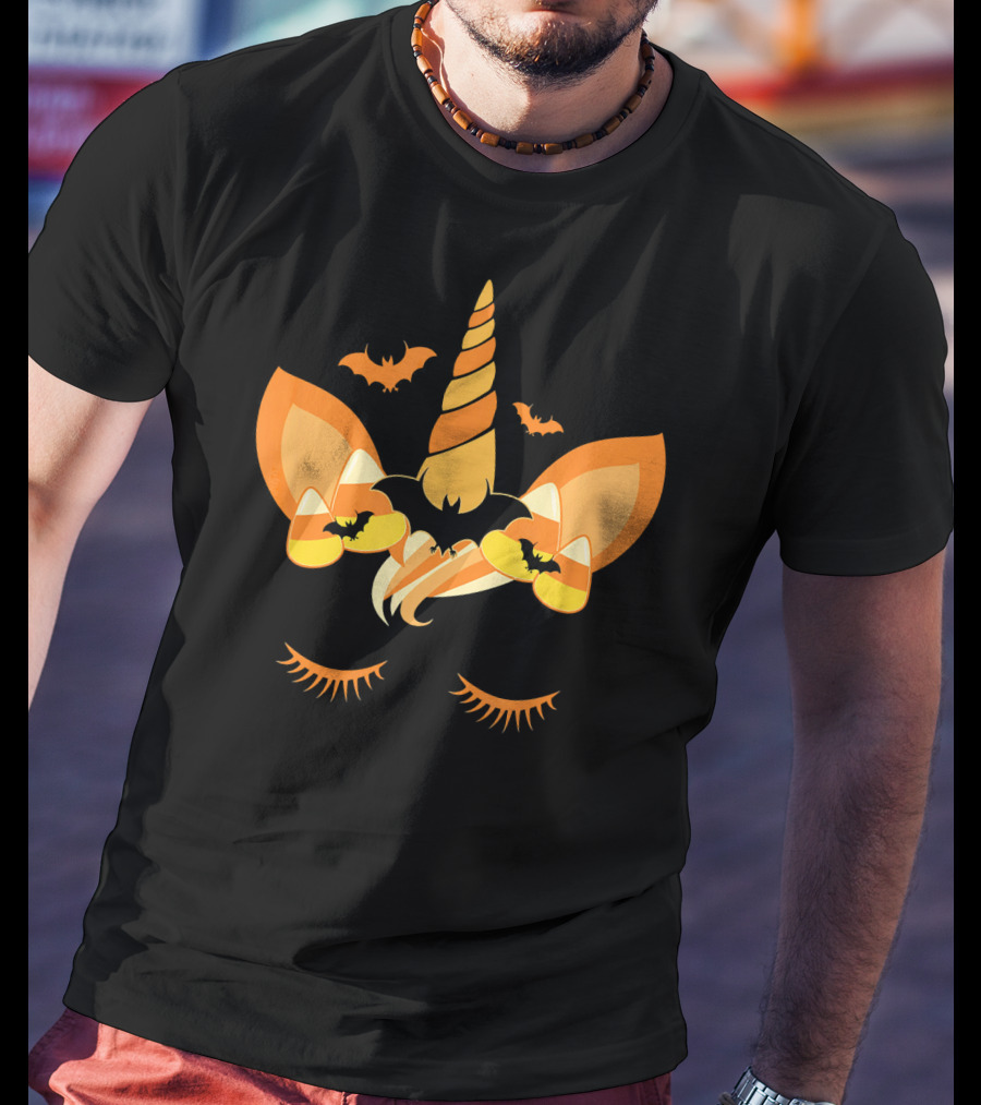 Halloween Unicorn Candy Corn Bat Ears Eyelashes T-Shirt