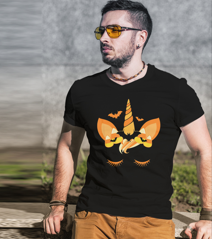 Halloween Unicorn Candy Corn Bat Ears Eyelashes T-Shirt
