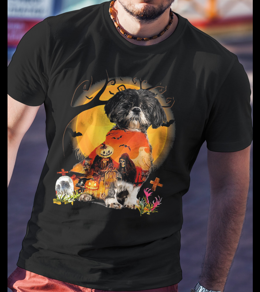 Shih Tzu Halloween Night With Pumpkins, Ghosts, And Full Moon T-Shirt