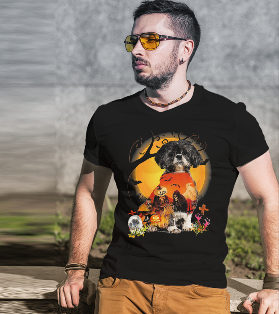 Shih Tzu Halloween Night With Pumpkins, Ghosts, And Full Moon T-Shirt