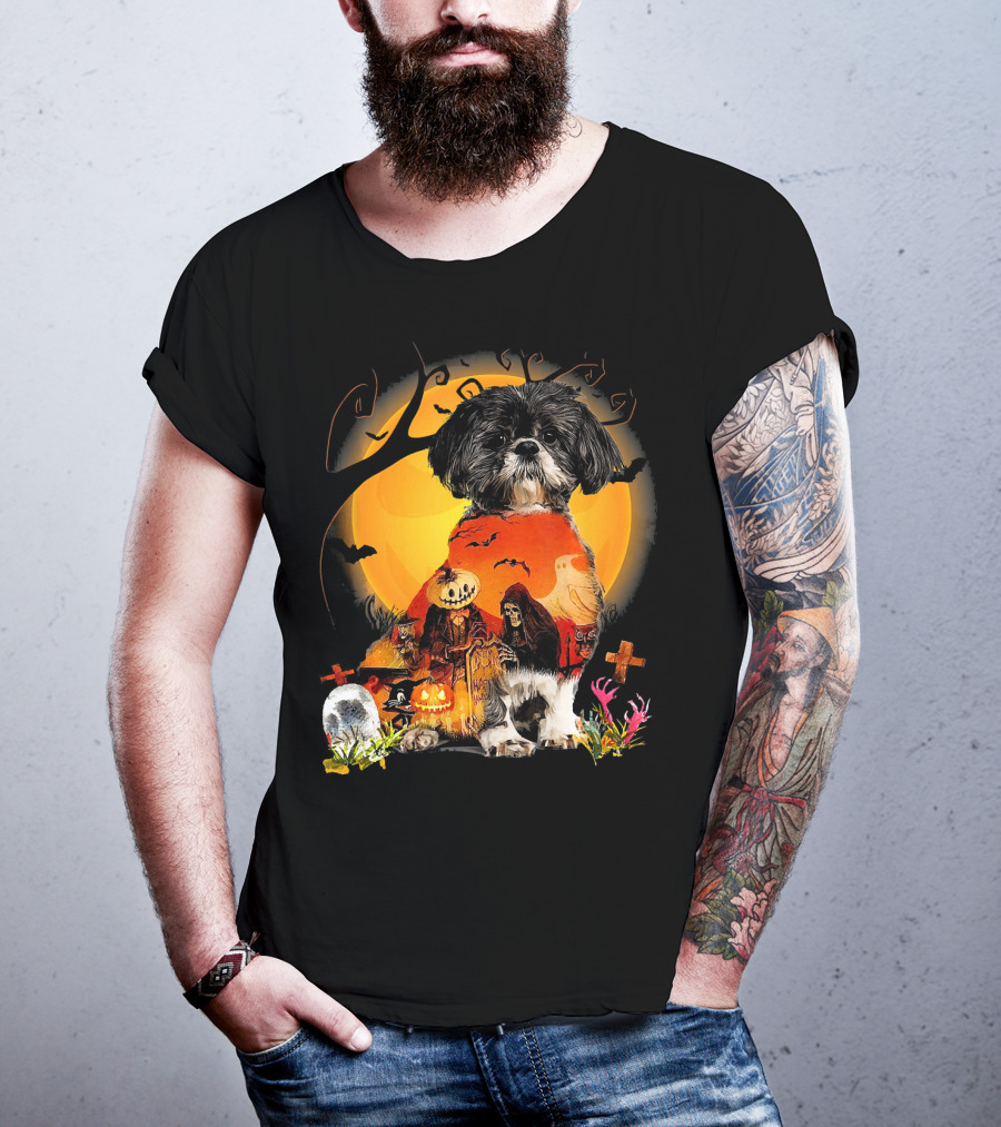 Shih Tzu Halloween Night With Pumpkins, Ghosts, And Full Moon T-Shirt
