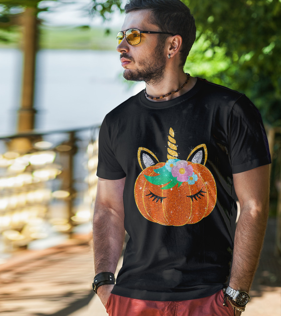 Sparkly Unicorn Pumpkin Halloween T-Shirt
