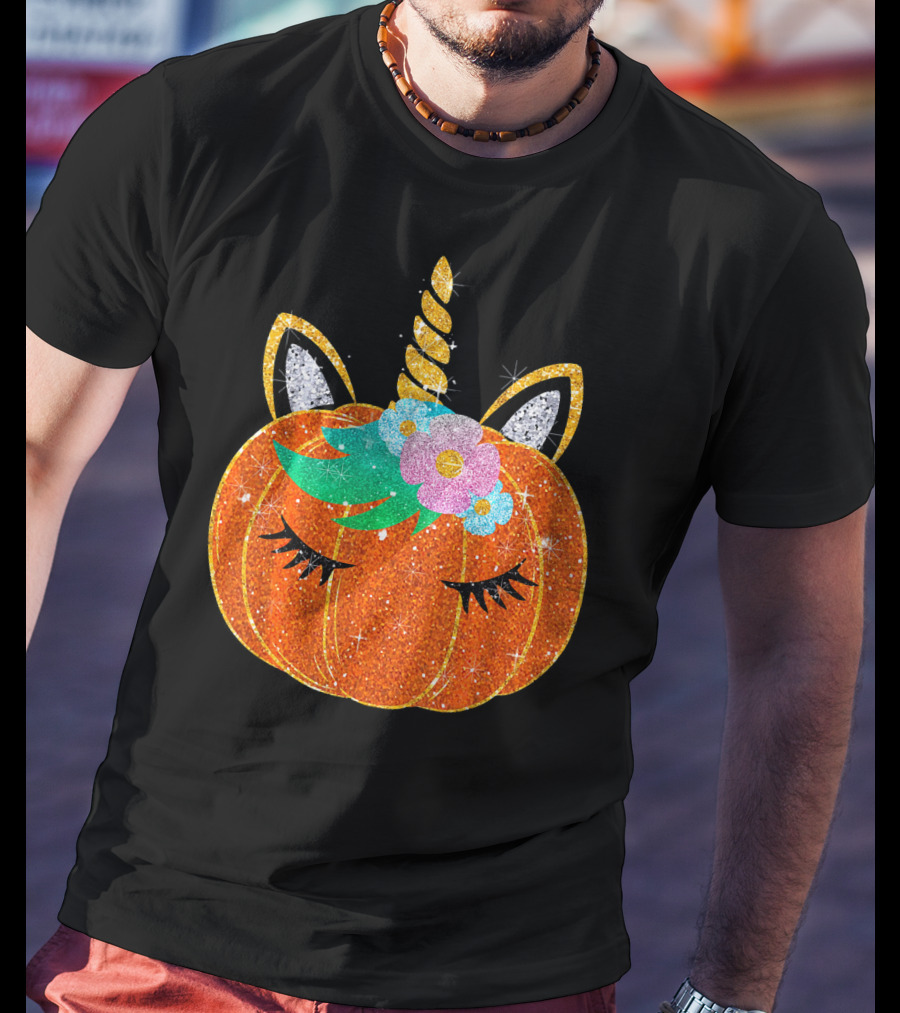 Sparkly Unicorn Pumpkin Halloween T-Shirt
