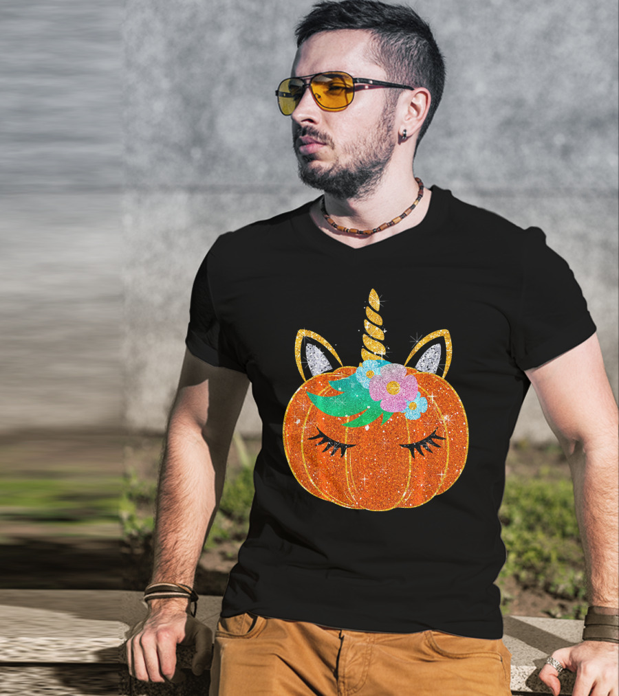 Sparkly Unicorn Pumpkin Halloween T-Shirt