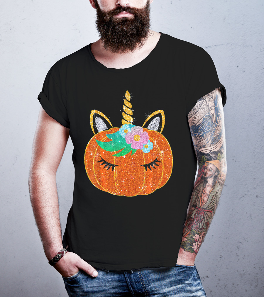 Sparkly Unicorn Pumpkin Halloween T-Shirt
