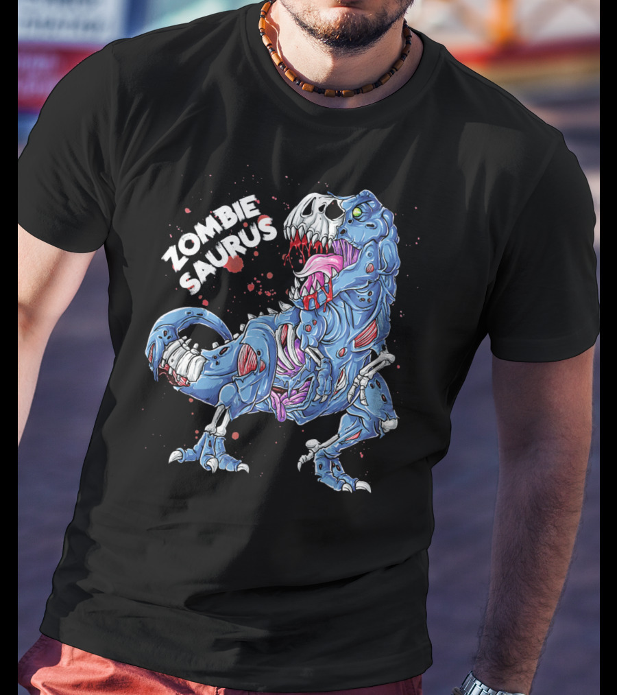 Zombie Saurus Halloween Kids Dinosaur Skeleton Blue T-Shirt