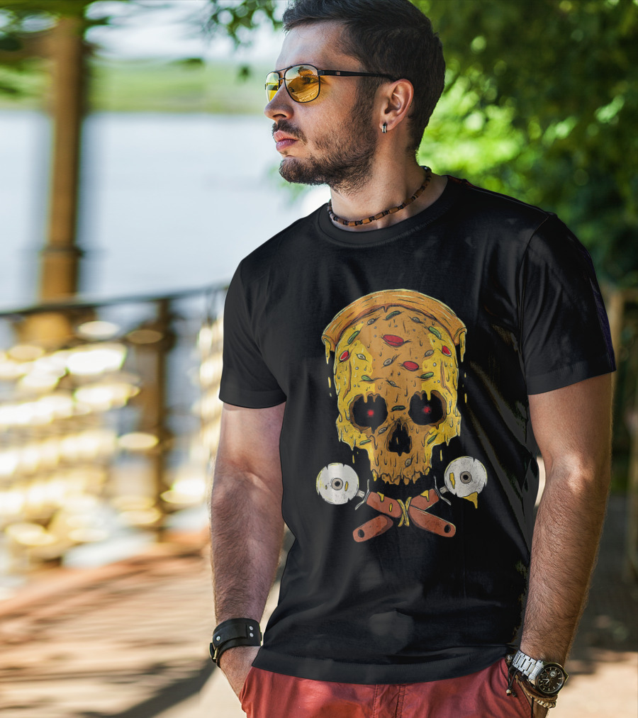 Pizza Cutter Skull Funny Halloween Costume Melting Slice T-Shirt