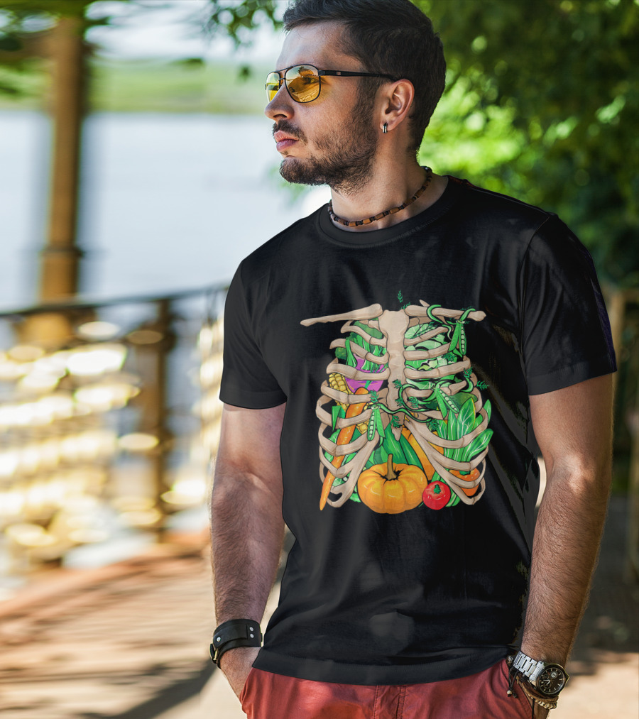 Cool Vegetable Skeleton Halloween Costume Vegetables Ribs Pumpkin Peas Corn Carrot T-Shirt