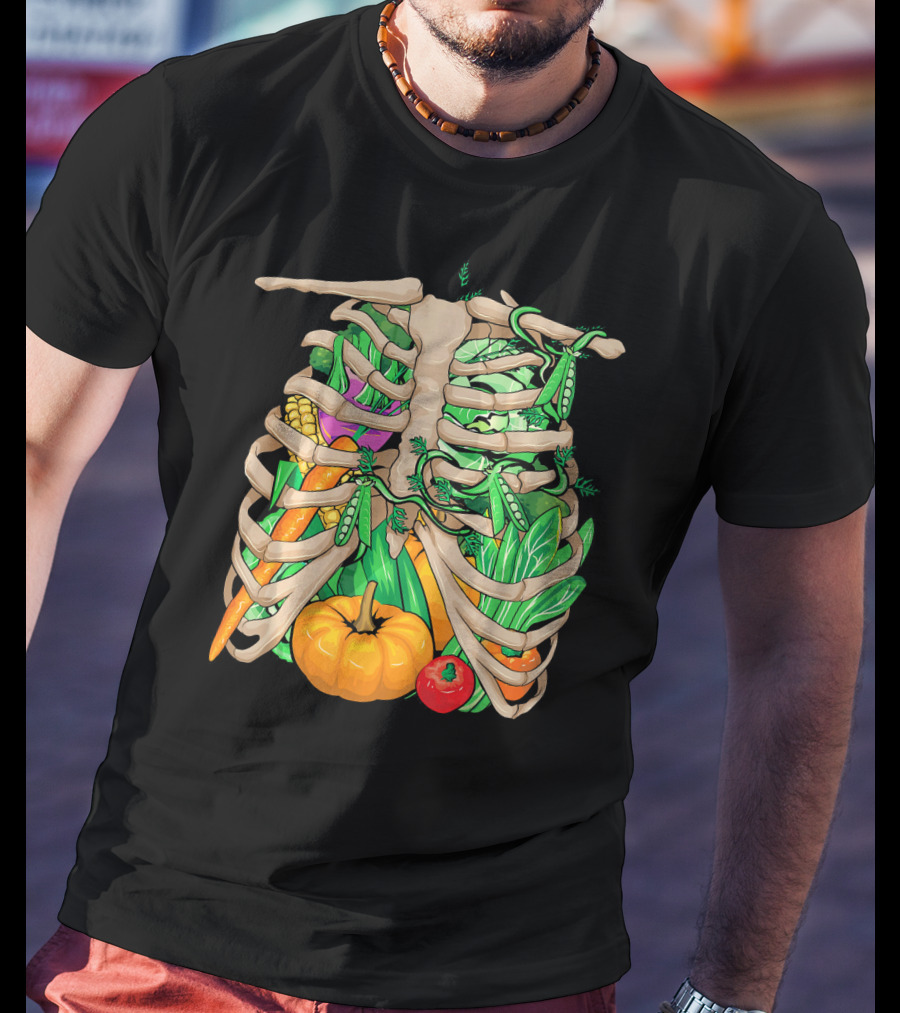 Cool Vegetable Skeleton Halloween Costume Vegetables Ribs Pumpkin Peas Corn Carrot T-Shirt