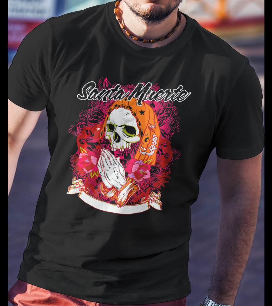 Santa Muerte Mexican Day Of The Dead Praying Skull With Flowers T-Shirt