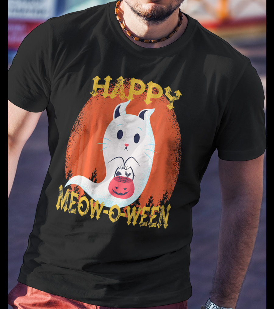 Happy Meow O Ween Cat Ghost With Pumpkin Bag T-Shirt