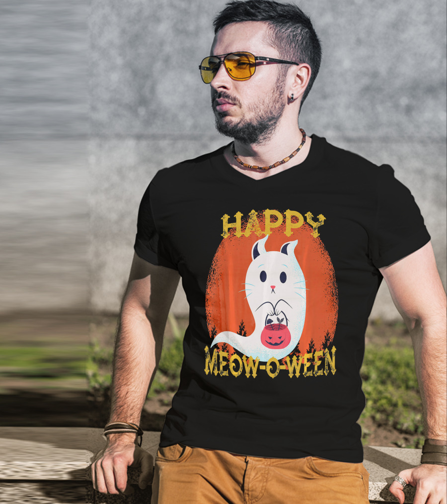 Happy Meow O Ween Cat Ghost With Pumpkin Bag T-Shirt